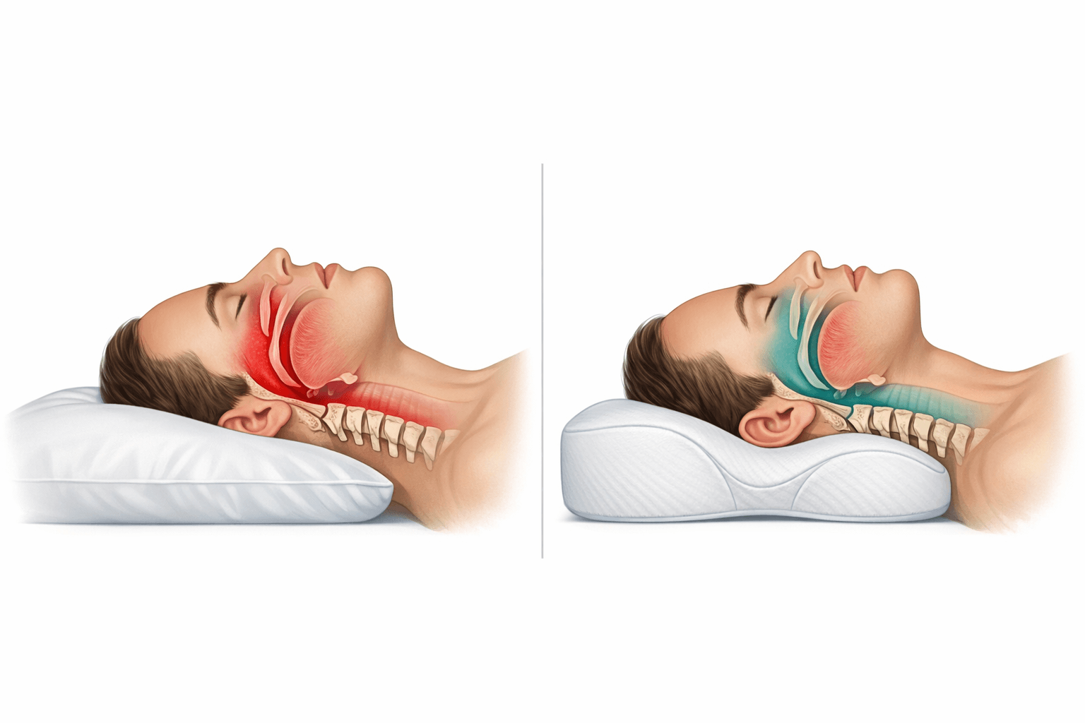 Airway alignment diagram comparing poor pillow position and ergonomic support