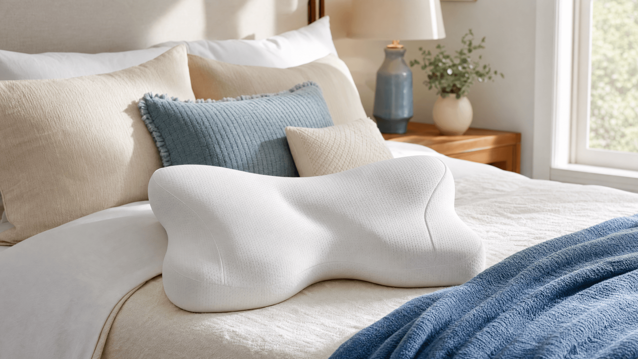 Butterfly-shaped ergonomic memory foam pillow on a bed