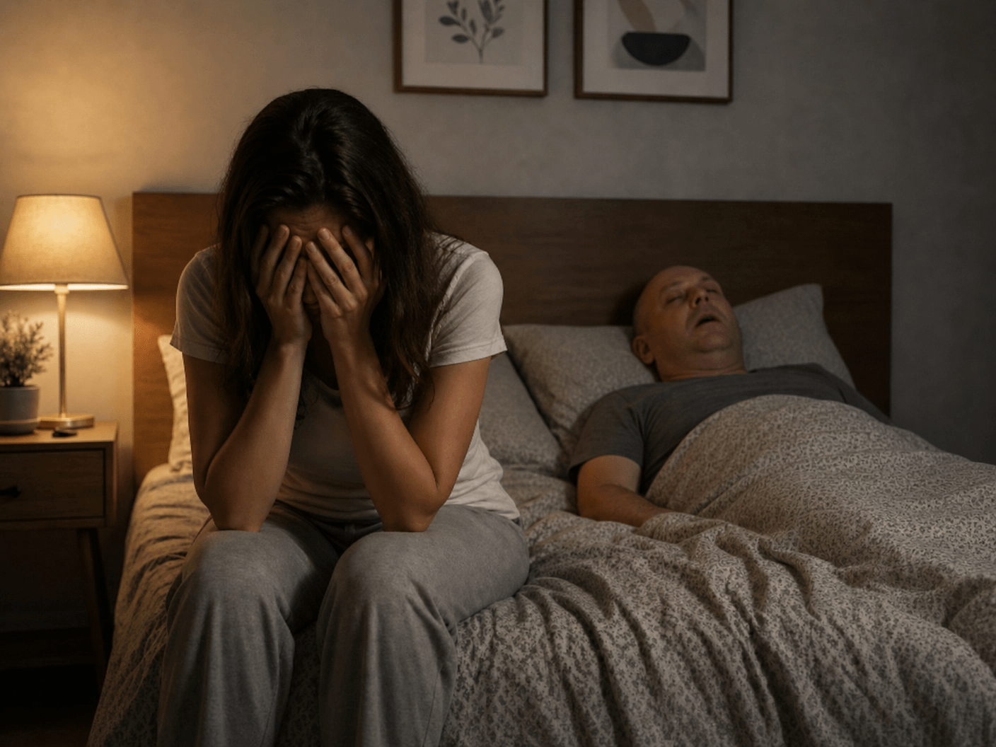Woman awake and worried while husband sleeps in the background